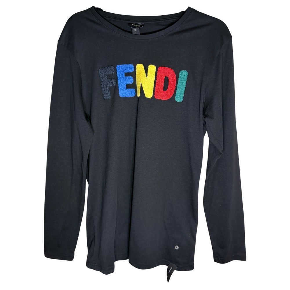 Fendi Roma Black Long Sleeve Multi Color Chenille Logo T-Shirt IT 48 CA02898090